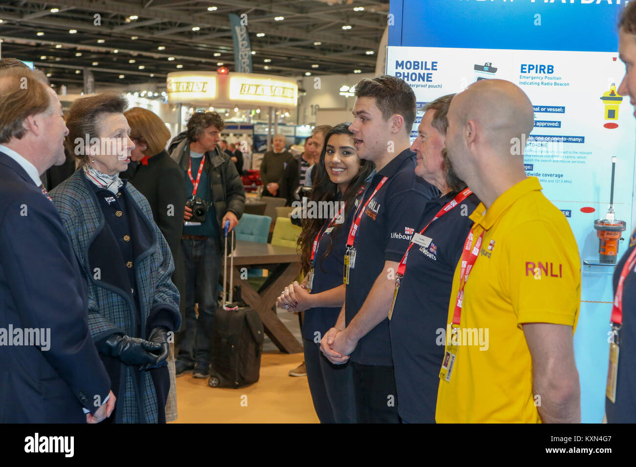 Londra, Regno Unito. Il 10 gennaio, 2018.Sua Altezza Reale la Principessa Anna frequenta il primo giorno del London Boat Show a Londra Excel. Foto Stock