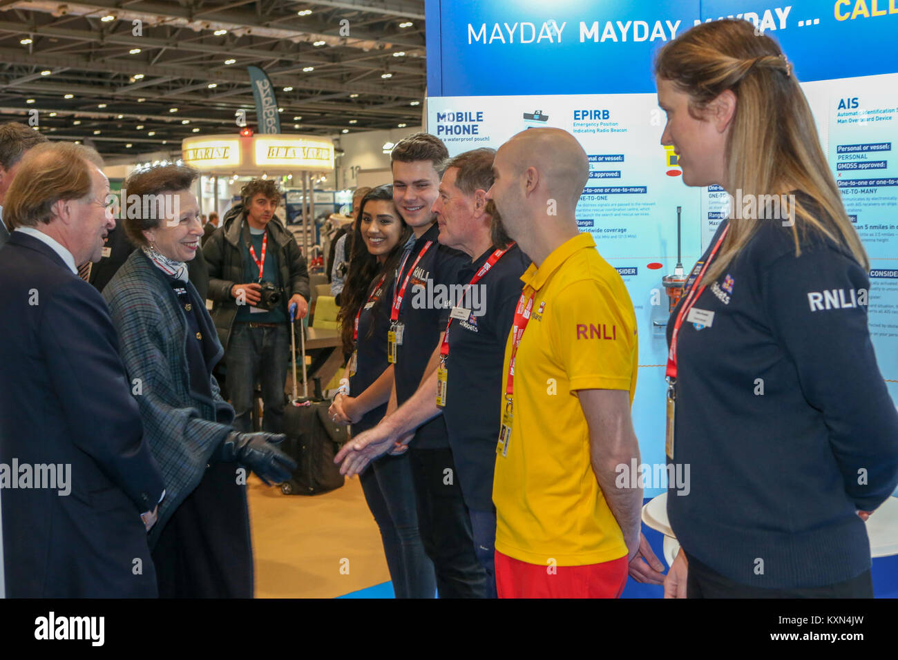 Londra, Regno Unito. Il 10 gennaio, 2018.Sua Altezza Reale la Principessa Anna frequenta il primo giorno del London Boat Show a Londra Excel. Foto Stock