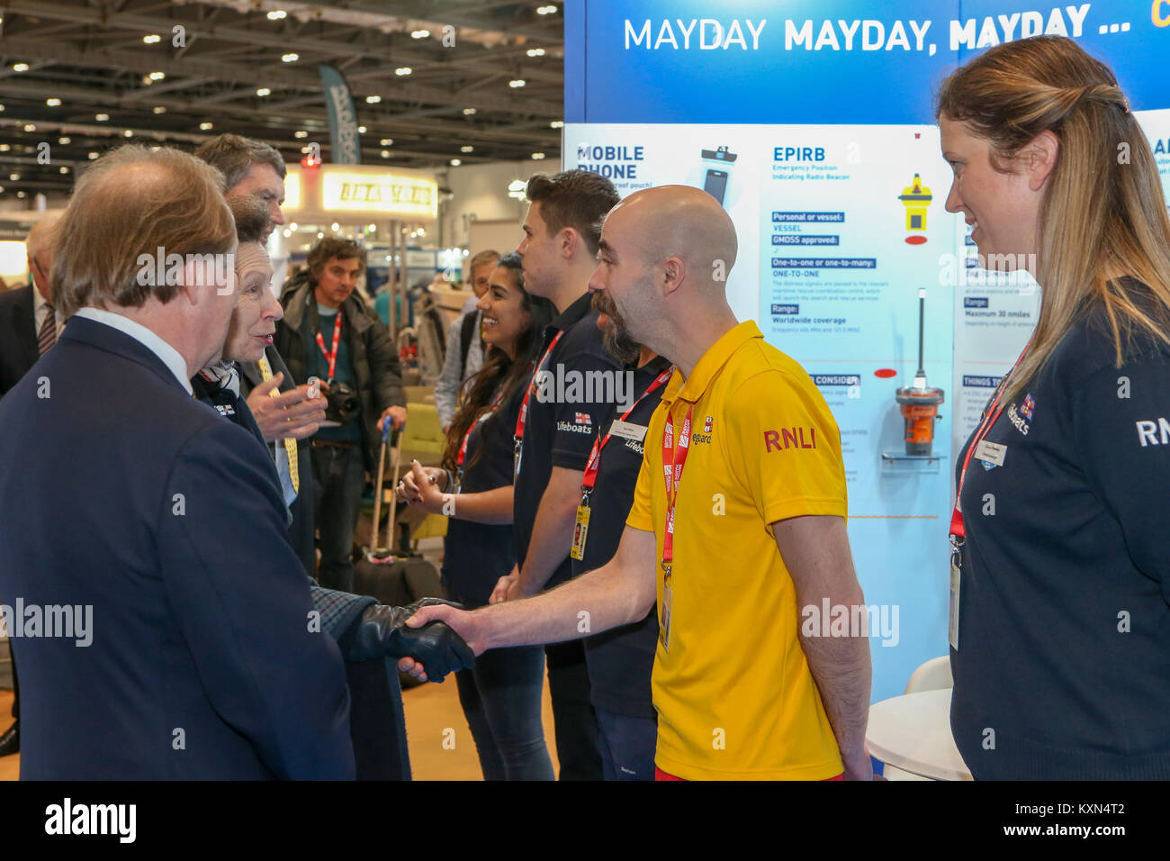 Londra, Regno Unito. Il 10 gennaio, 2018.Sua Altezza Reale la Principessa Anna frequenta il primo giorno del London Boat Show a Londra Excel. Foto Stock