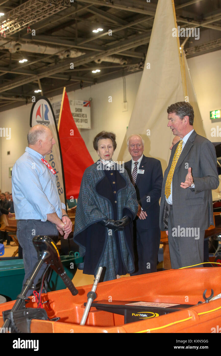 Londra, Regno Unito. Il 10 gennaio, 2018.Sua Altezza Reale la Principessa Anna frequenta il primo giorno del London Boat Show a Londra Excel. Foto Stock