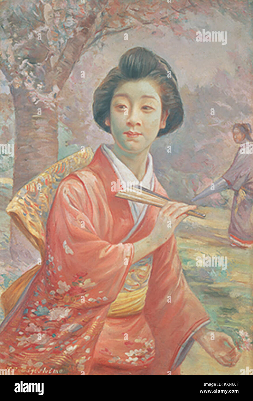 «Beauty Under a Cherry» di Fujishima Takeji raffigura una donna sotto un albero in fiore di ciliegio, combinando motivi tradizionali giapponesi con le prime tecniche pittoriche moderne, riflettendo il patrimonio culturale e artistico giapponese. Foto Stock