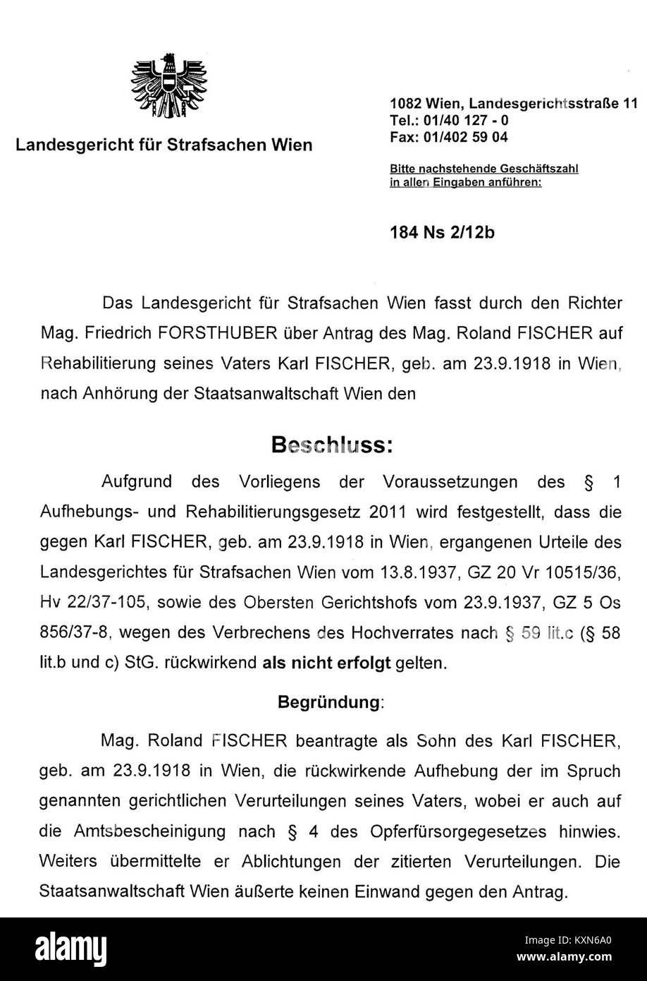 Beschluss Rehabilitierung Karl Fischer Österreich Foto Stock
