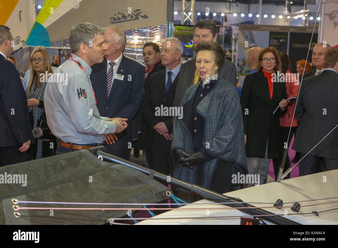 Londra, Regno Unito. Il 10 gennaio, 2018.Sua Altezza Reale la Principessa Anna frequenta il primo giorno del London Boat Show a Londra Excel. Foto Stock