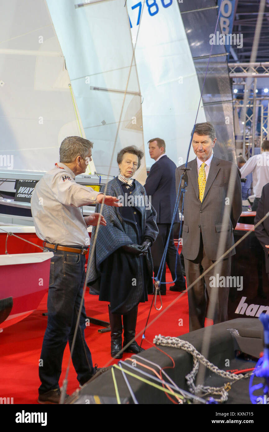 Londra, Regno Unito. Il 10 gennaio, 2018.Sua Altezza Reale la Principessa Anna frequenta il primo giorno del London Boat Show a Londra Excel. Foto Stock