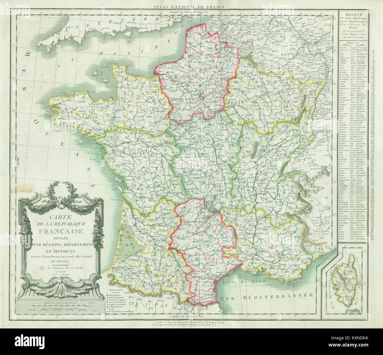 Una mappa della Repubblica francese divisa per regioni, dipartimenti e distretti, che mostra i confini amministrativi e l'organizzazione territoriale. Foto Stock