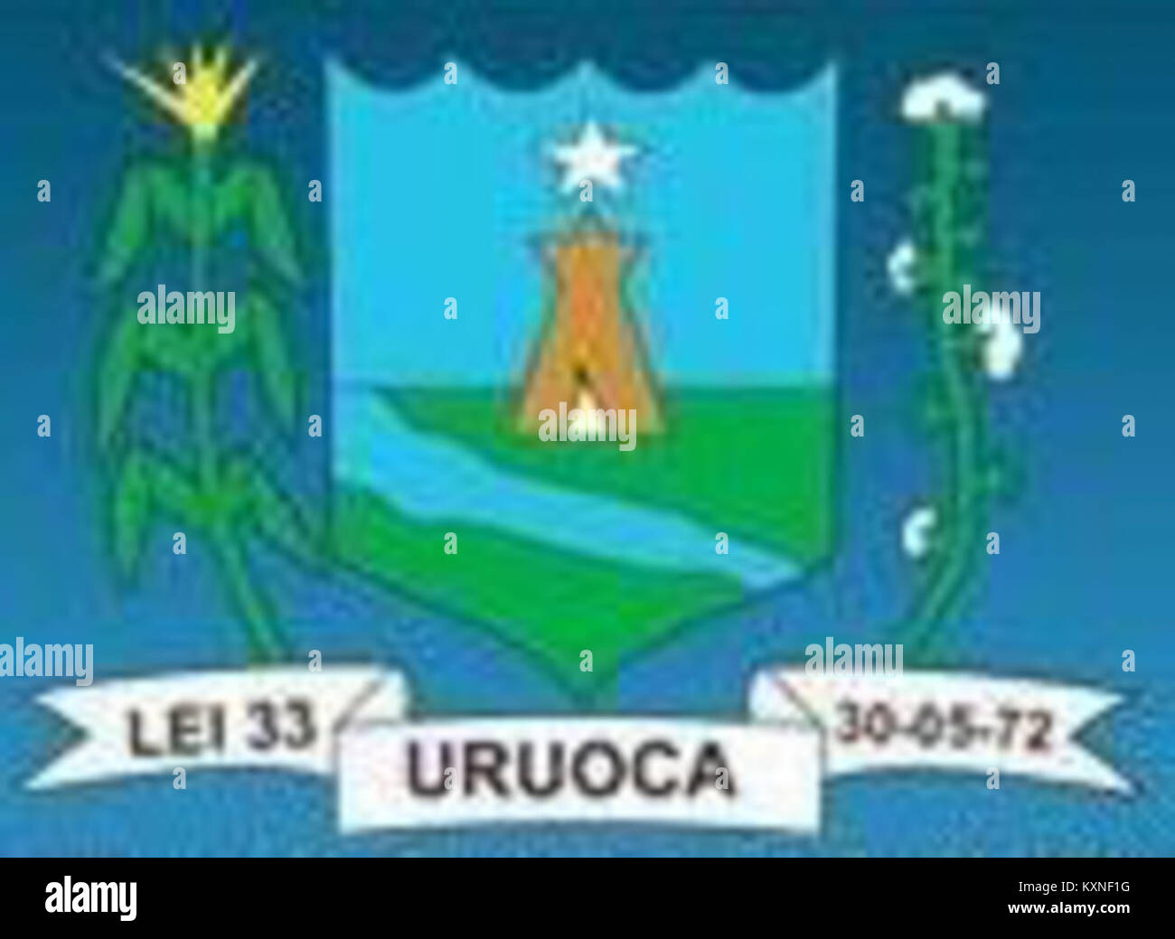 Brasão Uruoca CE si riferisce all'emblema araldico di Uruoca, un comune di Ceará, in Brasile. L'emblema rappresenta l'identità culturale e storica della regione attraverso elementi simbolici. Foto Stock