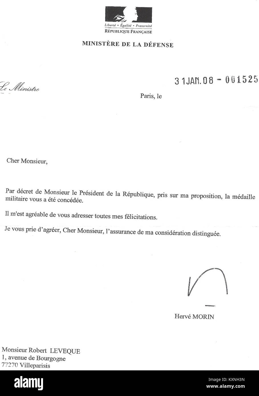 Certificato della medaglia militare assegnata al soldato Levêque, che documenta il riconoscimento ufficiale del servizio e la distinzione militare. Foto Stock