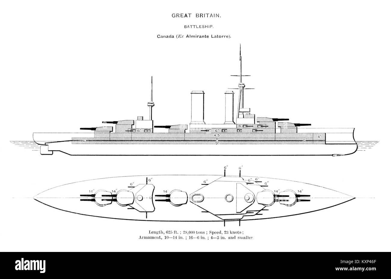 Piano dettagliato della HMS Canada del 1915, che mostra la struttura, l'armamento e il design strutturale della nave, illustrando l'architettura navale dell'inizio del XX secolo. Foto Stock