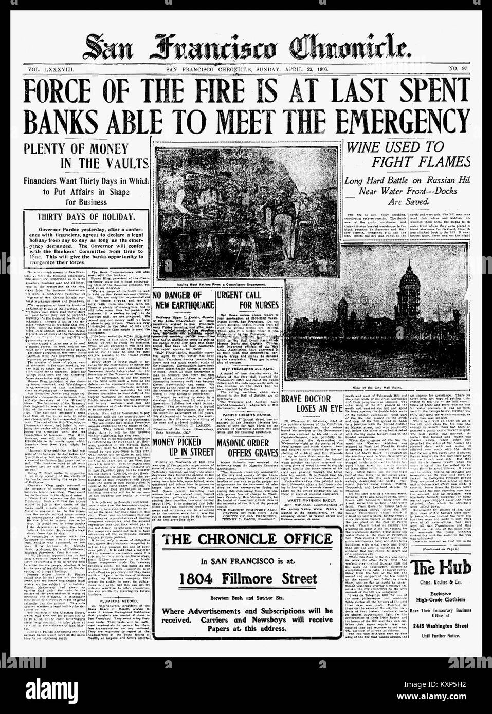 Prima pagina del quotidiano "Chronicle", 22 aprile 1906, con articoli, titoli, e documentazione storica degli eventi sociali e politici dell'inizio del xx secolo. Foto Stock