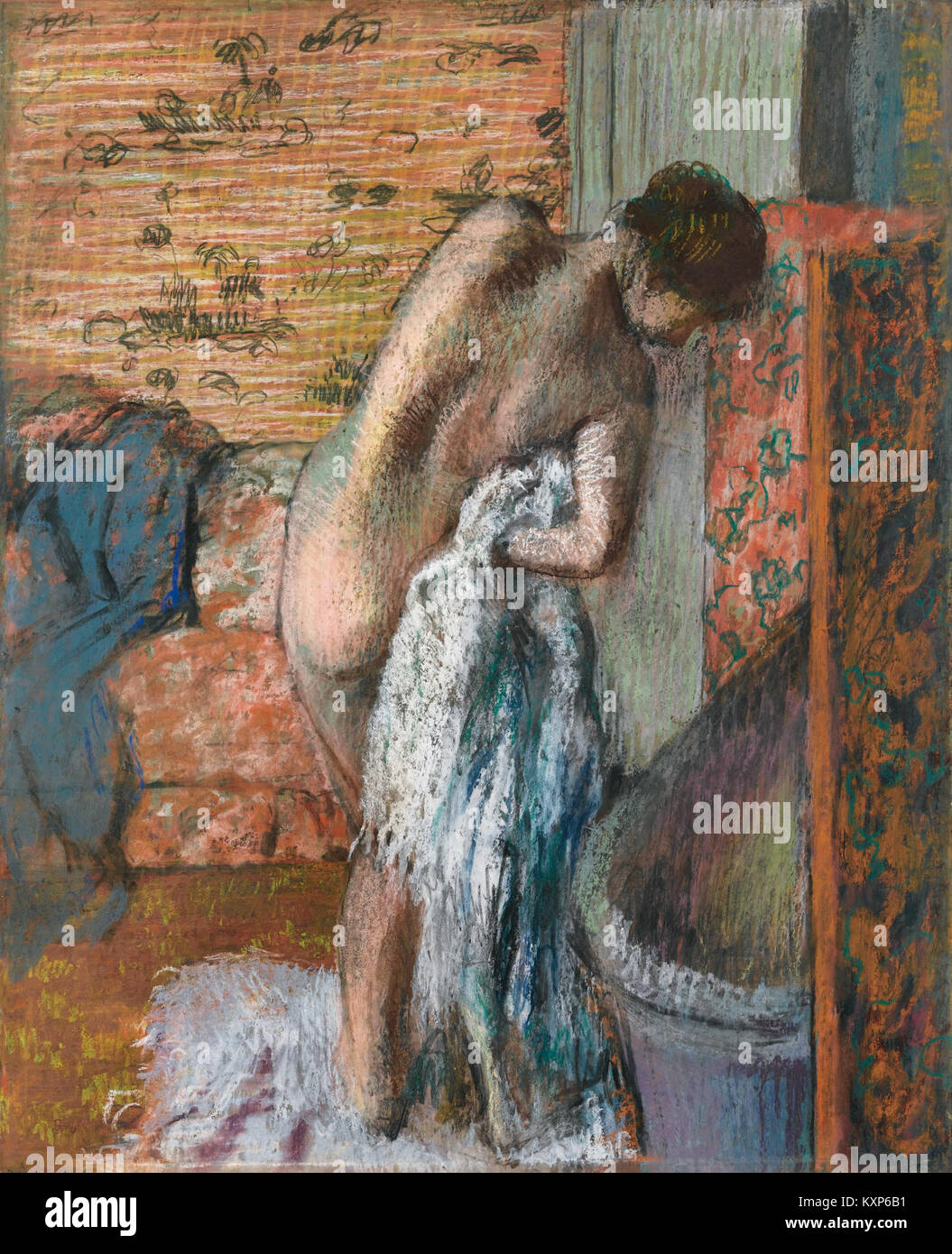 Dipinto 'Après le bain' di Edgar Degas, raffigurante una donna che si asciuga dopo un bagno, enfatizzando la luce, il movimento e la scena domestica dalla fine del XIX all'inizio del XX secolo. Foto Stock