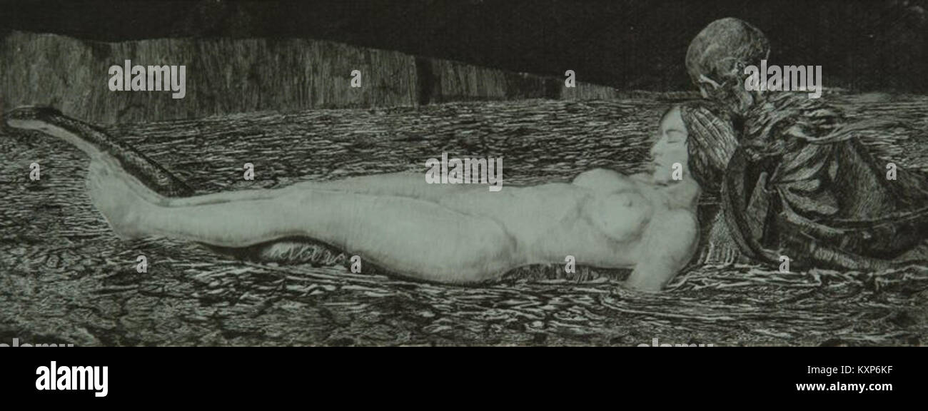 Un punto di essiccazione del 1902 di August Brömse, intitolato "Mrtvá" (morto), dal ciclo "Dívka a smrt" (la ragazza e la morte), raffigurante una figura scheletrica che abbraccia una fanciulla senza vita. Foto Stock