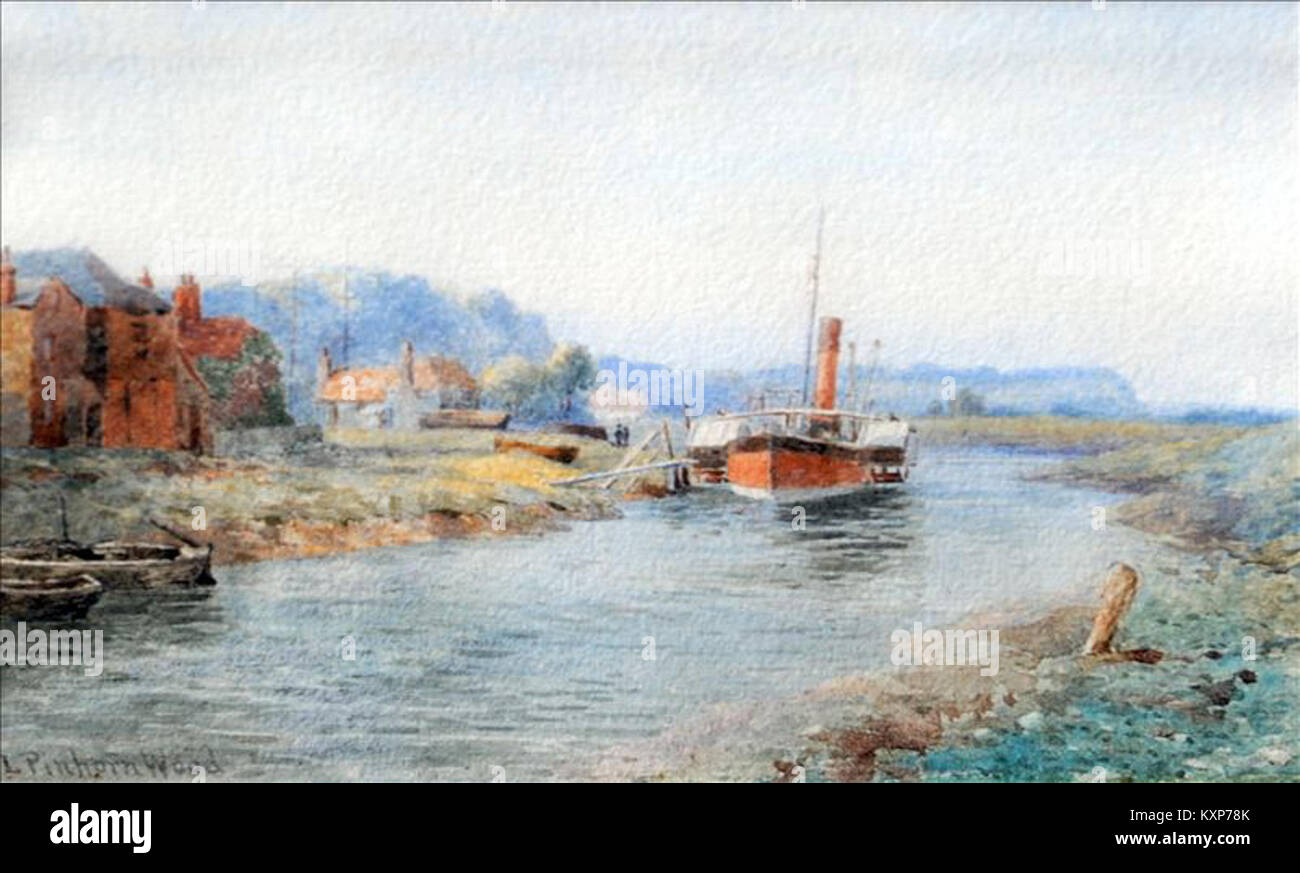 Un piroscafo a pale britannico, non ondulato, raffigurato in un estuario, illustra il design del trasporto marittimo del XIX secolo e delle navi dell'era industriale, come dipinto da Lewis Pinhorn Wood. Foto Stock