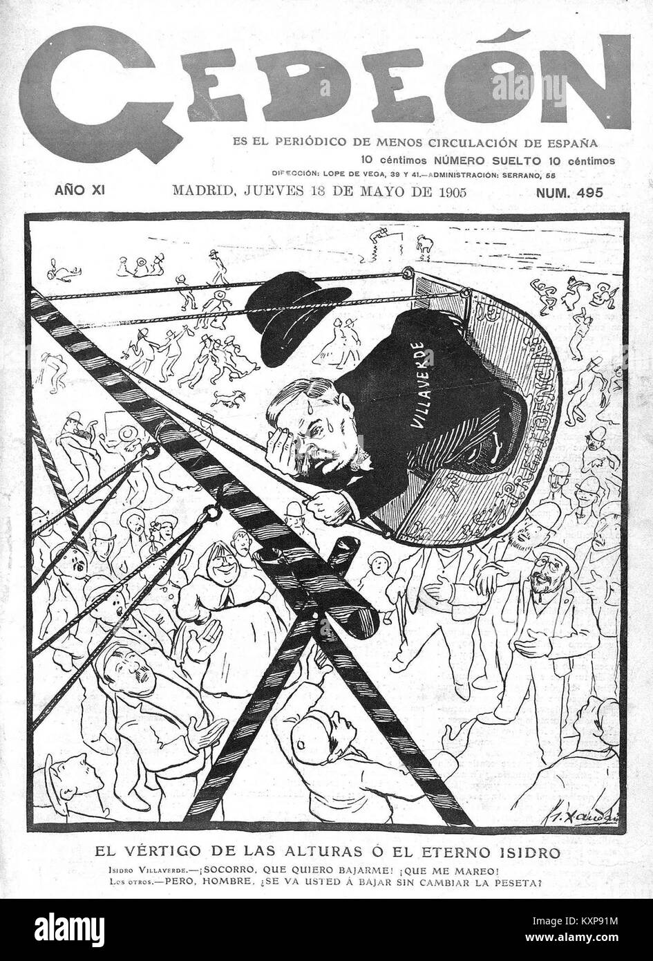 Un'illustrazione di Joaquín Xaudaró intitolata "El vértigo de las alturas o el eterno Isidro", raffigurante una scena umoristica o satirica legata alla paura delle altezze. L'opera rappresenta l'arte dei cartoni animati spagnola del primo XX secolo. Foto Stock