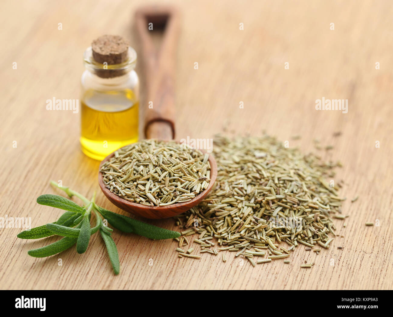 Fresche biologiche con rosmarino olio essenziale sulla superficie naturale Foto Stock
