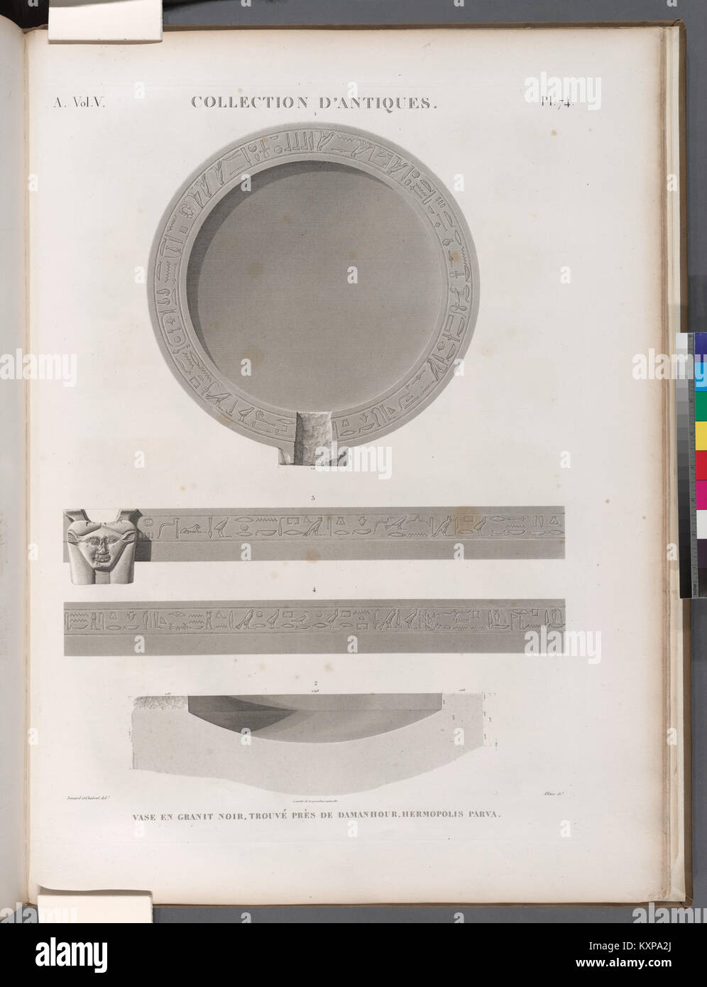 Un antico vaso di granito nero di Damanhour, Egitto, a Hermopolis Parva illustra l'artigianato artistico egiziano antico e le pratiche funerarie utilizzando materiali durevoli. Foto Stock