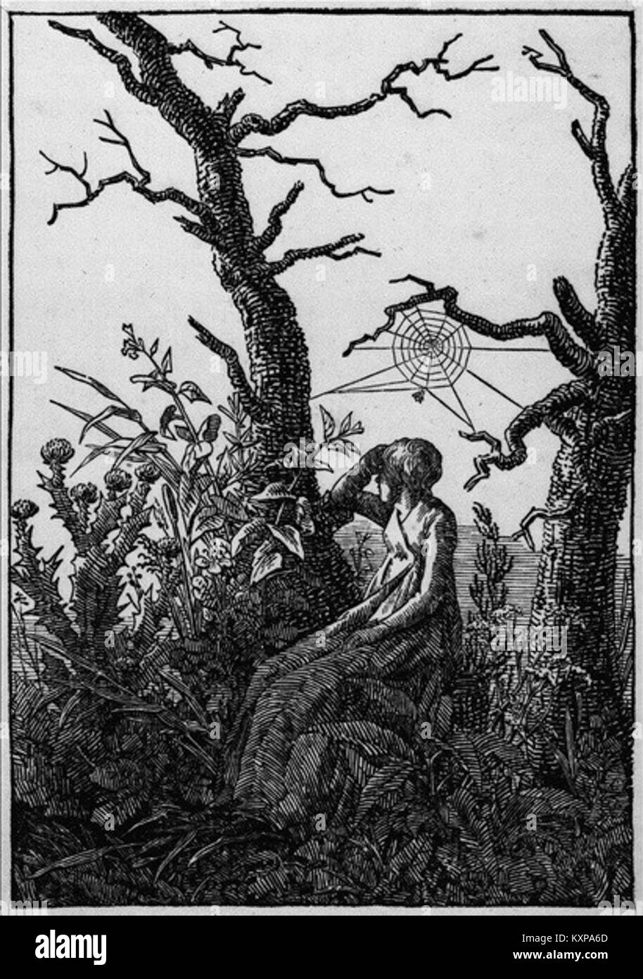 Il dipinto di Caspar David Friedrich "la donna con la ragnatela" illustra lo stile romantico, raffigurando la solitudine, la natura e l'esperienza simbolica umana. Foto Stock