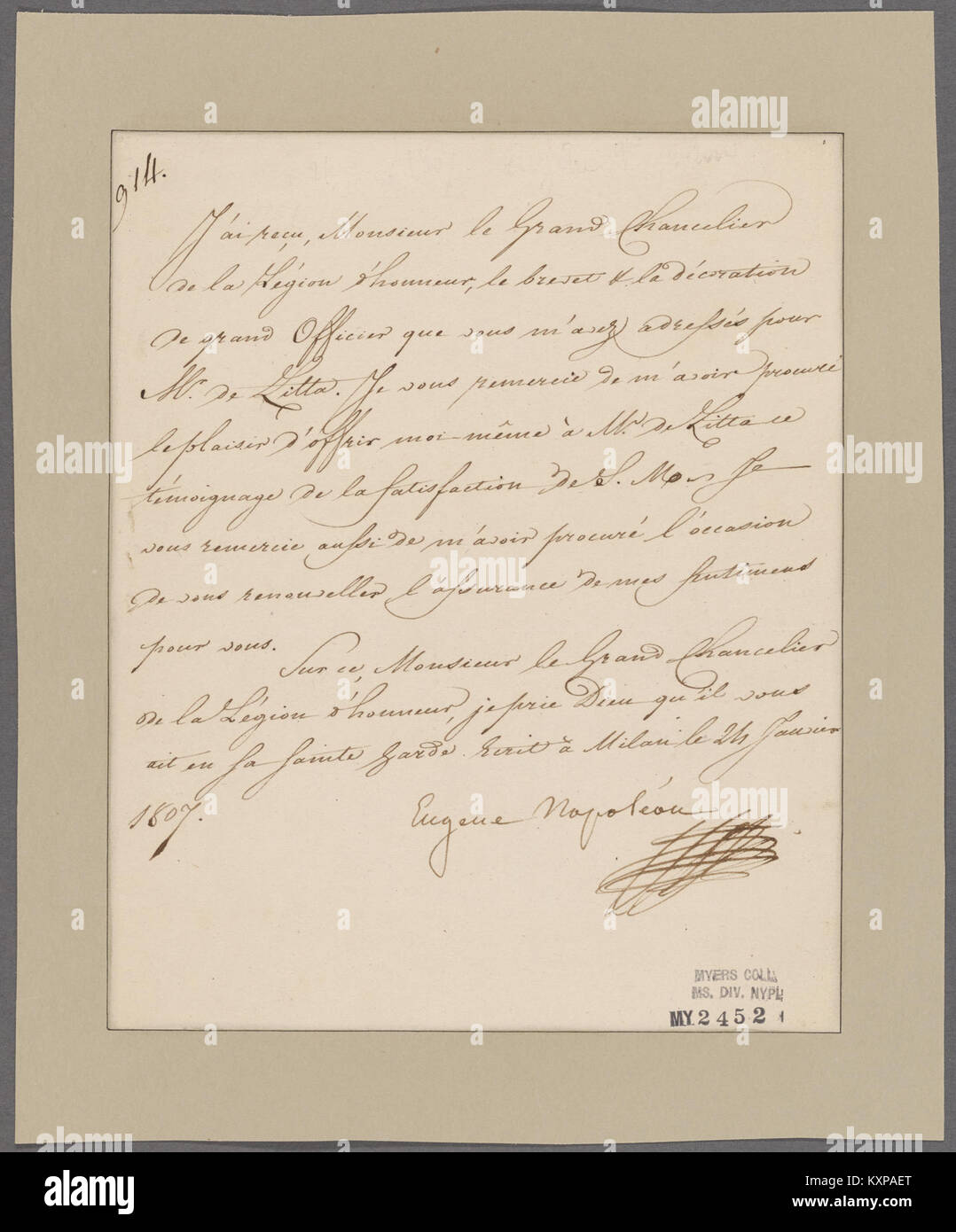 Una lettera di Eugenio Napoleone Bonaparte al Gran Cancelliere della Legion d'Onore documenta i legami familiari e politici, riflettendo lo storico sistema di premi della Francia. Foto Stock