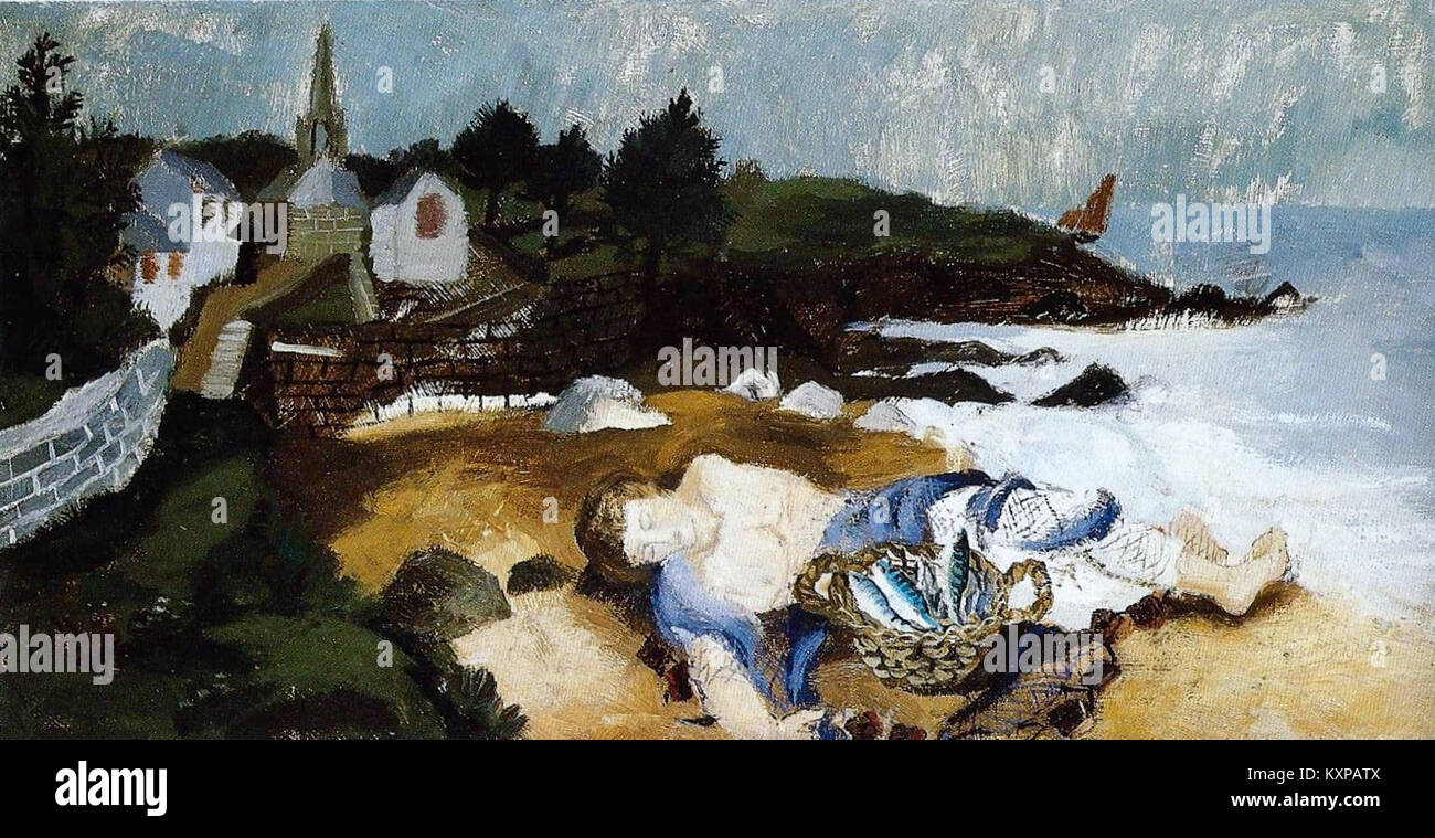 Il dipinto di Christopher Wood "Pêcheur endormi Polar" raffigura un pescatore addormentato in un paesaggio polare, riflettendo realismo, naturalismo e interazione uomo-natura. Foto Stock