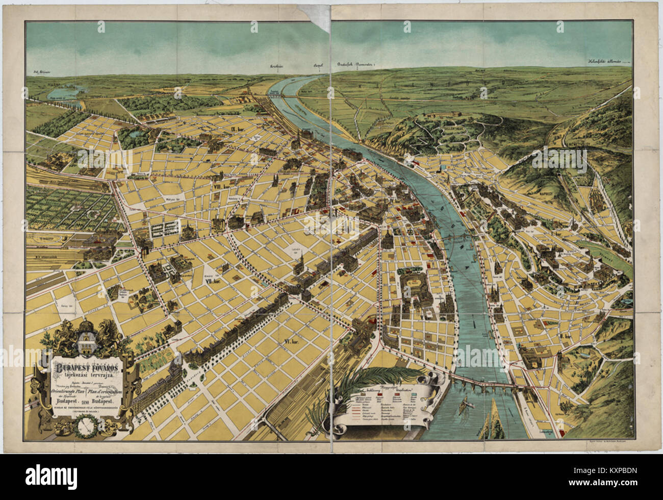 Mappa intitolata "Budapest tájékozási tervrajza" del 1890, che illustra la struttura e le infrastrutture di Budapest, Ungheria, durante la fine del XIX secolo. Foto Stock