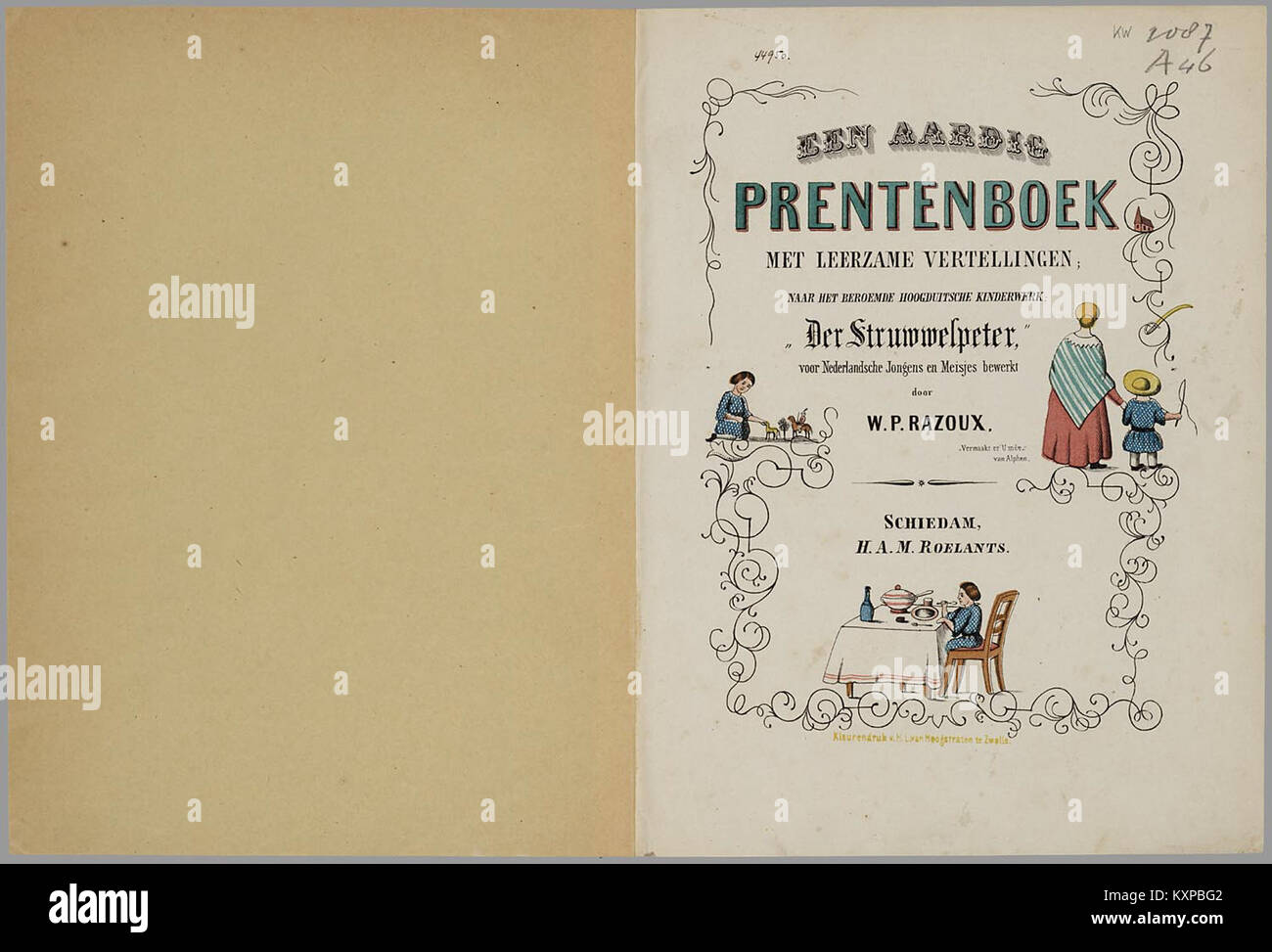 Un'illustrazione tratta dal libro olandese per bambini "Een aardig prentenboek met leerzame vertellingen", basato su "Der Struwwelpeter" di Heinrich Hoffmann, con racconti morali per bambini. Foto Stock