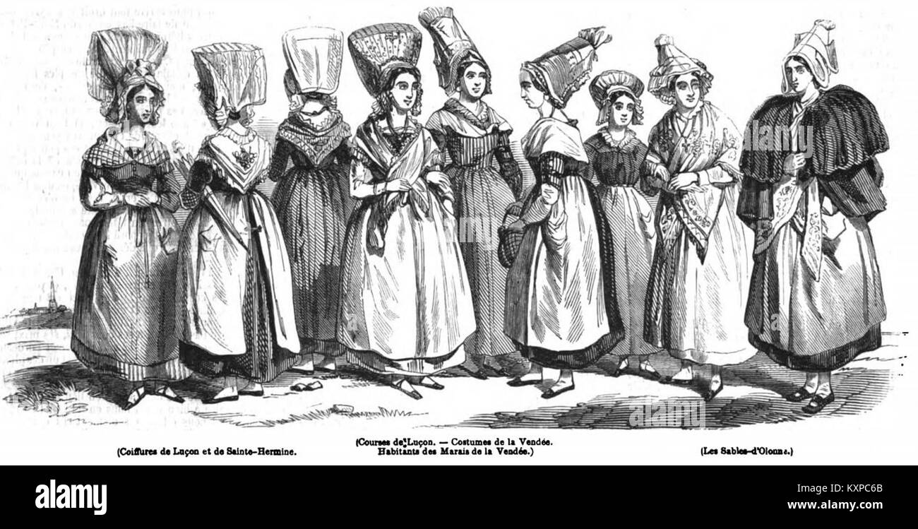 Un'illustrazione francese del XIX secolo raffigurante acconciature popolari della regione della Vandea, che riflette le tendenze della moda del tempo. Foto Stock