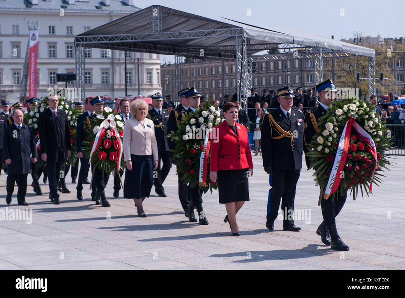 Fotografia delle celebrazioni del Central Firefighter's Day del 2017 in Polonia, che mostra il personale in uniforme, la parata e le attività di eventi pubblici. Foto Stock