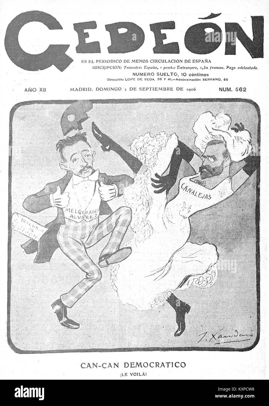 Illustrazione "CAN-CAN Democrático" di Xaudaró, pubblicata il 2 settembre 1906, che cattura la satira politica spagnola e l'arte caricaturale dei primi anni del XX secolo. Foto Stock