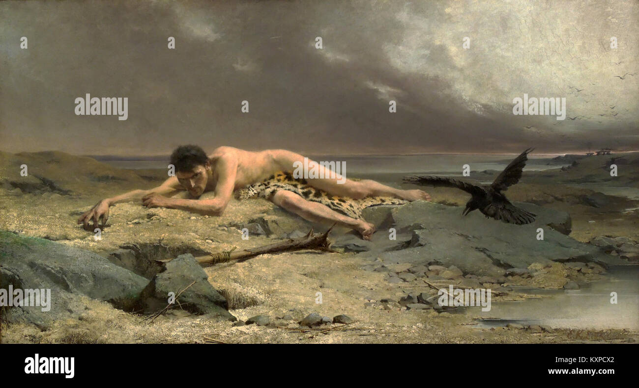 Il dipinto del 1885 'Caino' di Emanuel Krescenc Liška raffigura la figura biblica di Caino, resa in una composizione drammatica che enfatizza l'emozione e il conflitto morale all'interno di un contesto simbolico. Foto Stock