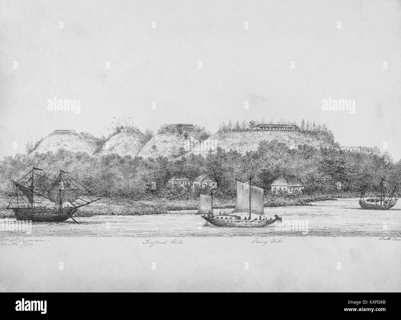Questa illustrazione degli anni '1830 mostra Chittagong e il fiume Karnaphuli, documentando i paesaggi urbani e fluviali nel Bengala coloniale. Foto Stock