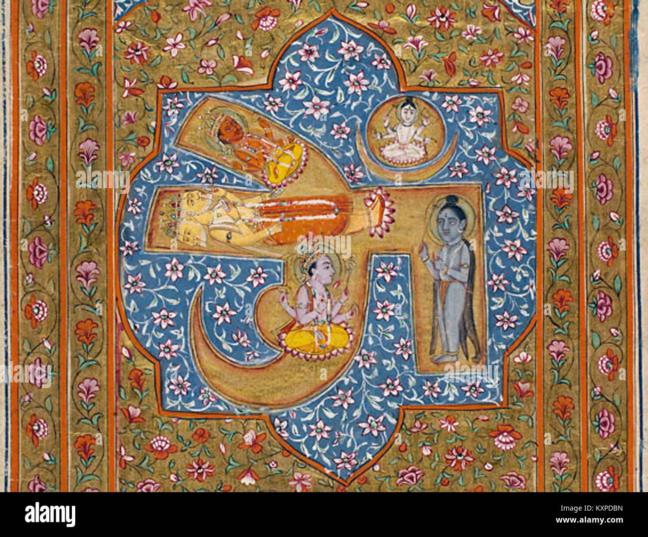 Questa immagine raffigura le divinità indù Brahma, Vishnu e Shiva disposte all'interno del simbolo sacro OM, che rappresenta i concetti centrali della cosmologia e della spiritualità indù. Foto Stock