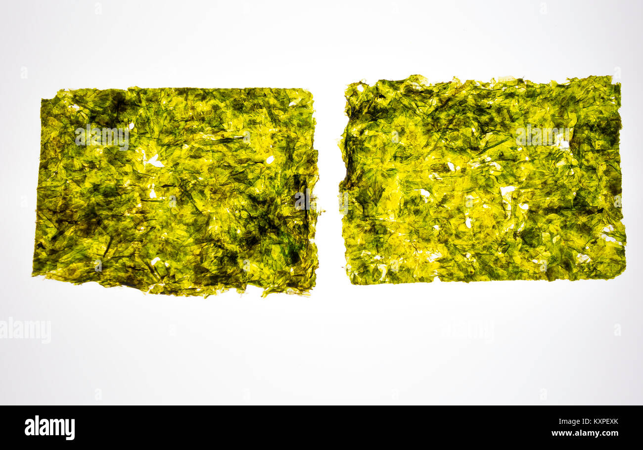 Due singoli Asian Wasabi sapore snack wafer realizzato da alga essiccata su una scatola di luce. Foto Stock