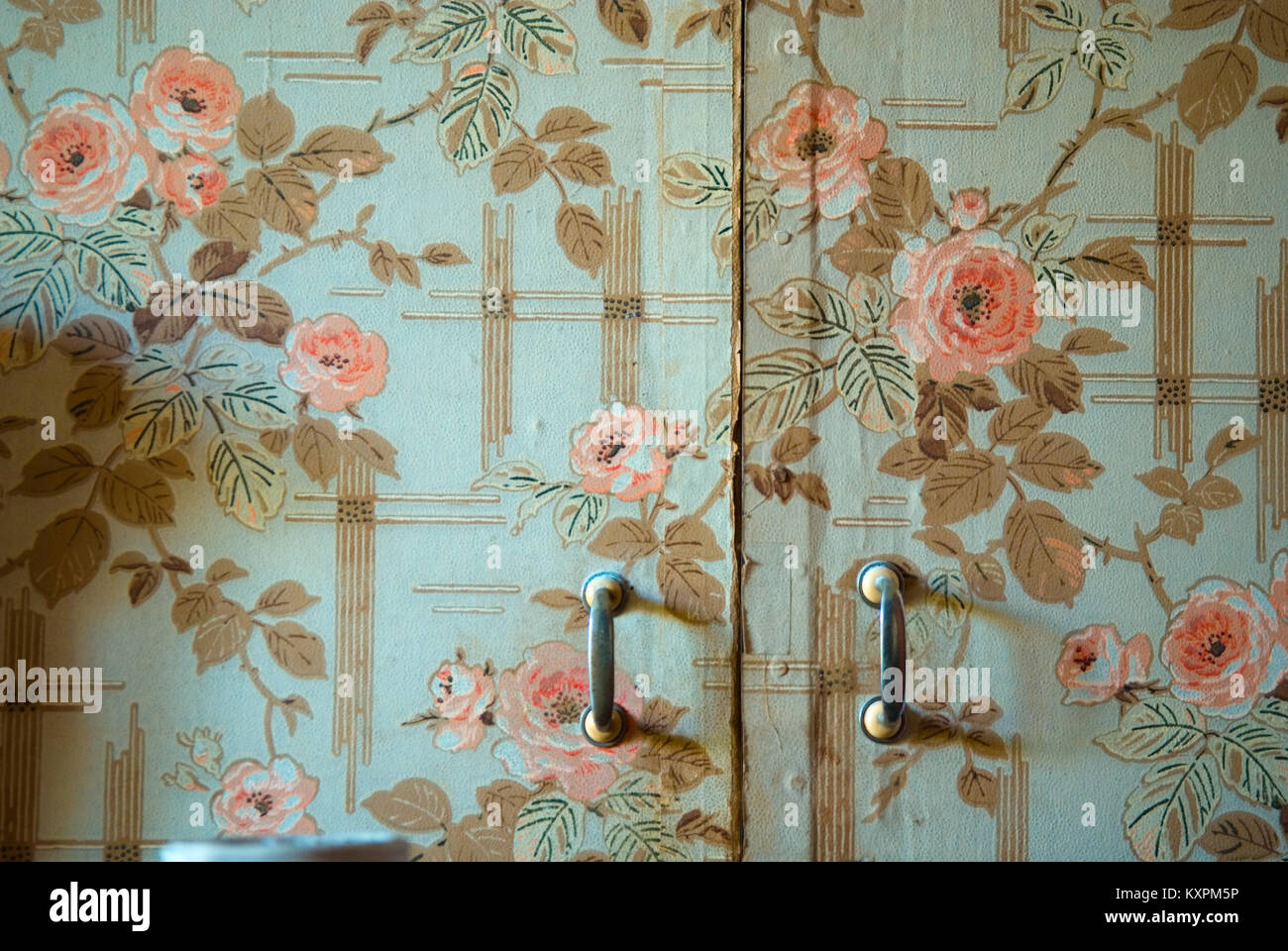 Chiusura del guardaroba doorl con la vecchia carta da parati da 1920s in una casa nel sud della Francia Foto Stock