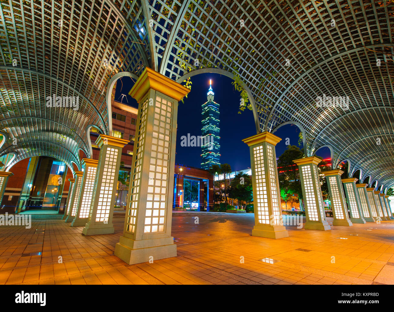 Vista notturna della città di Taipei e 101 Foto Stock