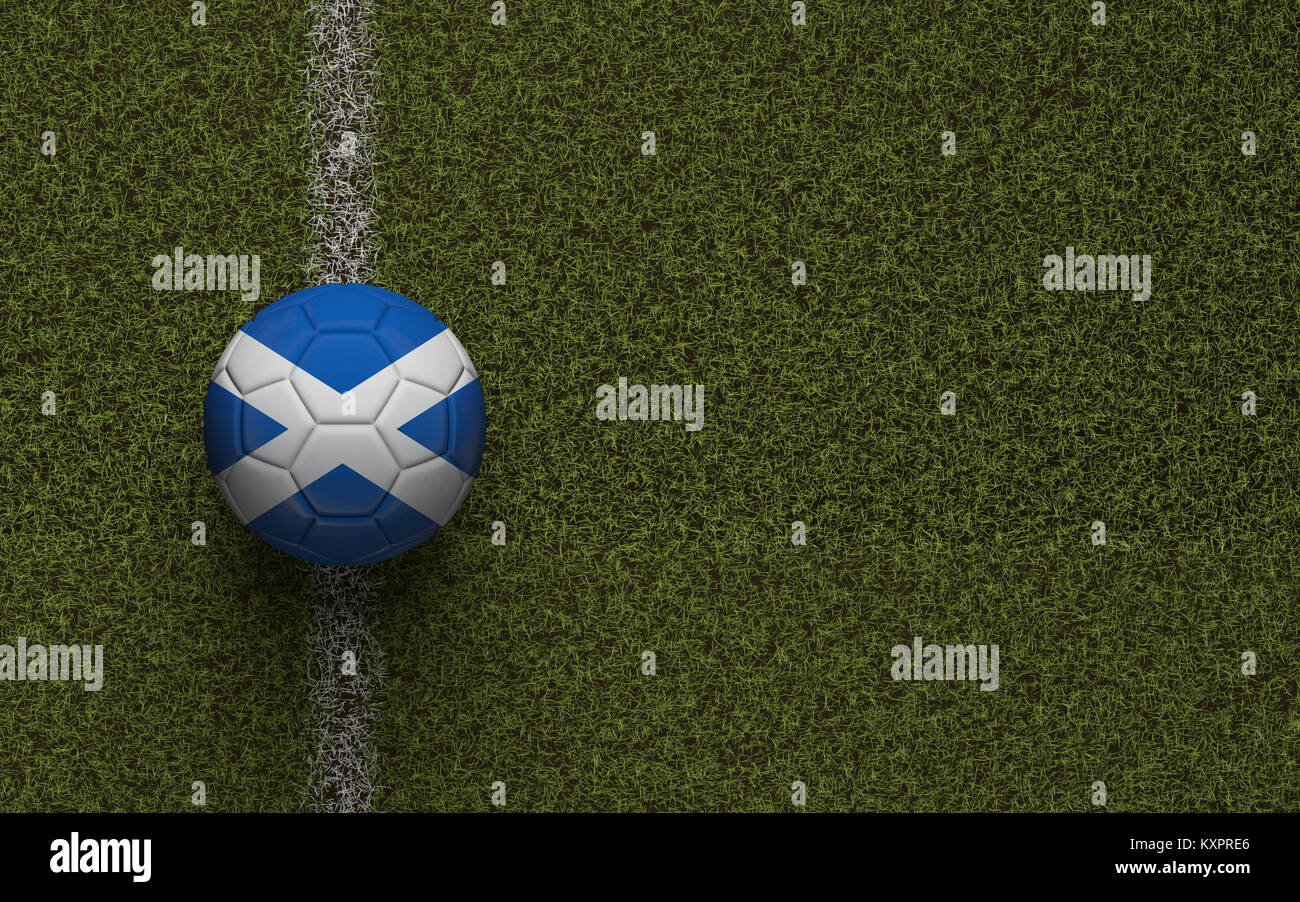 Scozia bandiera calcio su un green soccer pitch. Il rendering 3D Foto Stock