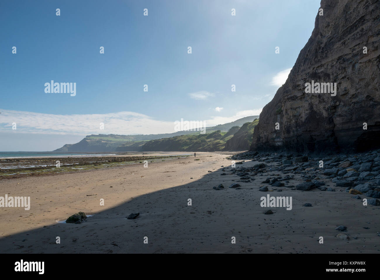 Alte scogliere a Robin Hood's Bay guardando verso Ravenscar sulla costa est del North Yorkshire, Inghilterra. Foto Stock