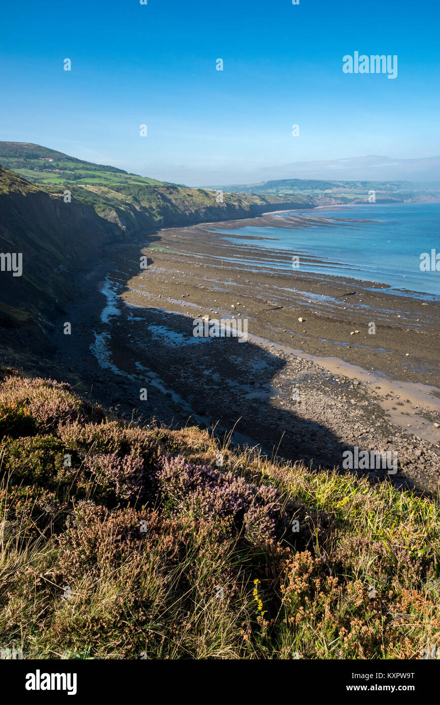 Vista di Robin Hood's Bay da Ravenscar su una soleggiata mattina di settembre sulla costa est del North Yorkshire, Inghilterra. Foto Stock