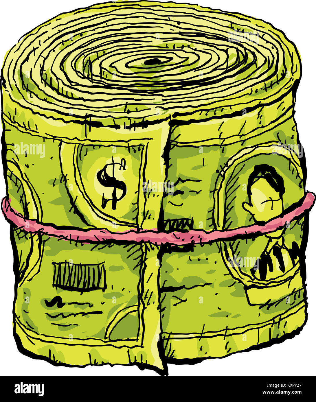 Un cartoon batuffolo di denaro contante in un rotolo, tenuti insieme da un elastico. Foto Stock