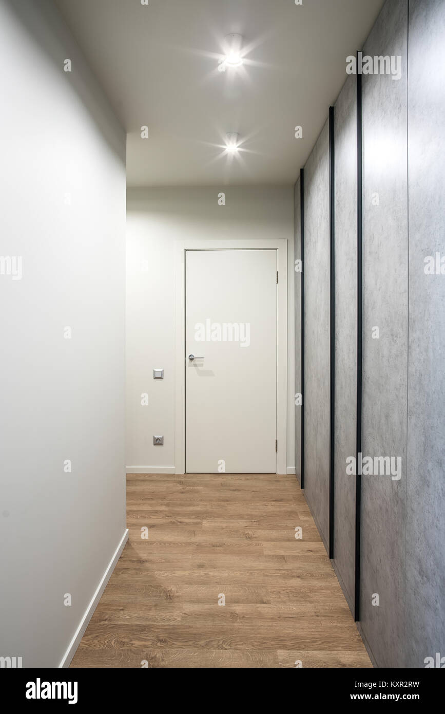 Corridoio in uno stile moderno con pareti bianche e pavimenti in parquet. Vi è una porta bianca e luminosa lampade e testurizzato armadietti grigio sulla destra si Foto Stock