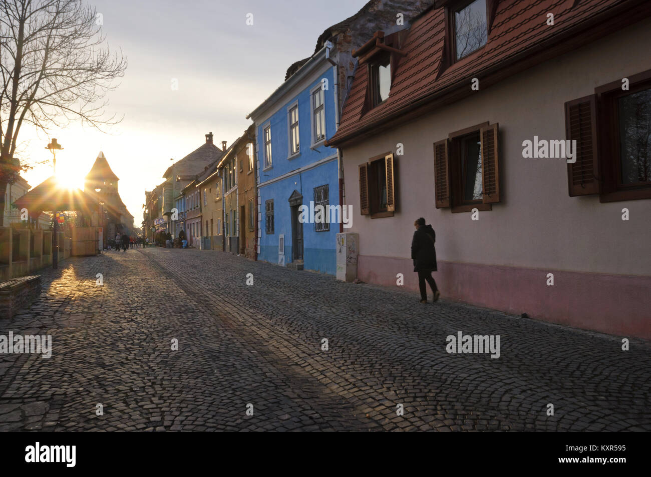 La pittoresca strada Cetatii in Sibiu Città Vecchia, Romania Foto Stock