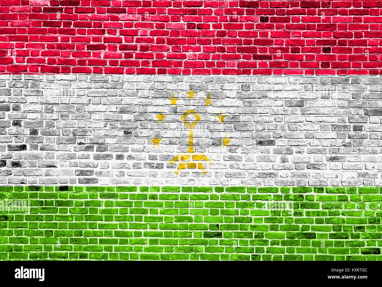 Bandiera del Tagikistan dipinta su un muro di mattoni Foto Stock