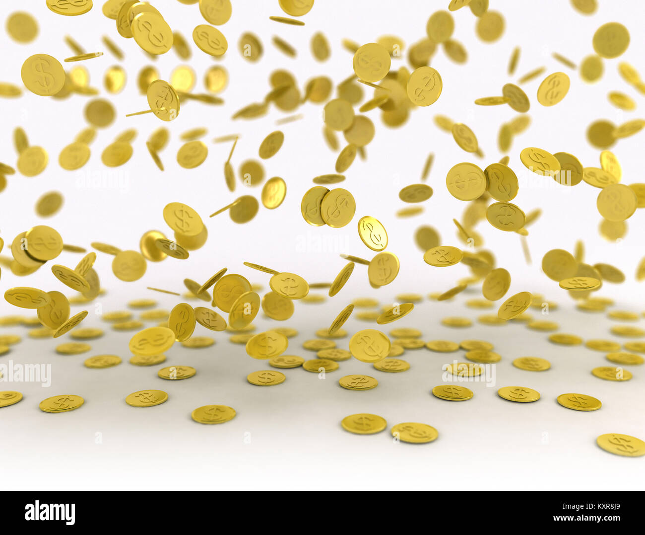 La caduta delle monete in oro su sfondo bianco 3D render Foto Stock