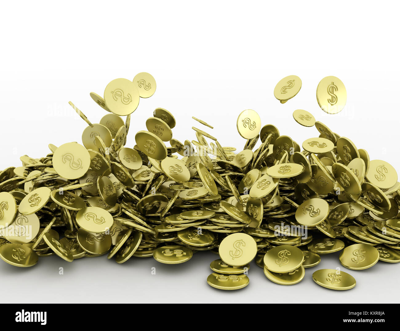 La caduta delle monete in oro su sfondo bianco Foto Stock