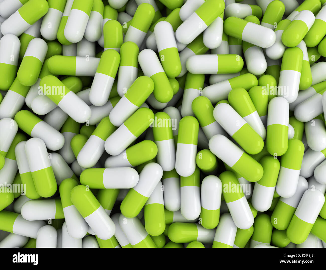 Sfondo di molte pillole verde capsule. 3D render Foto Stock