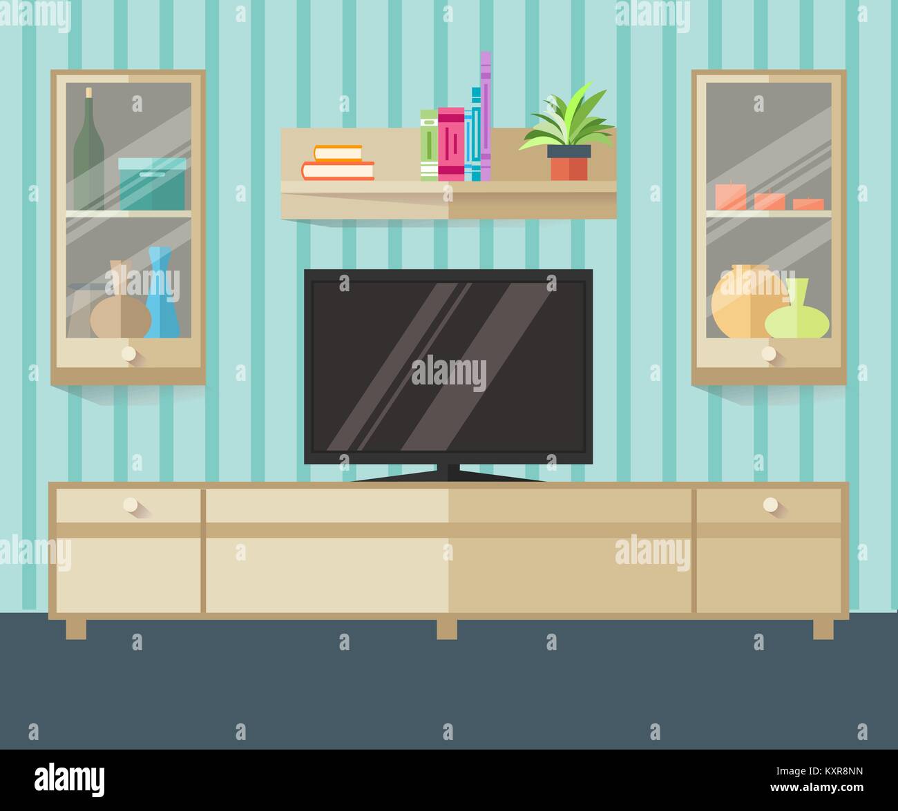 Progettazione zona TV in un appartamento di stile. Interno soggiorno con mobili, TV e ripiano. Illustrazione Vettoriale Illustrazione Vettoriale