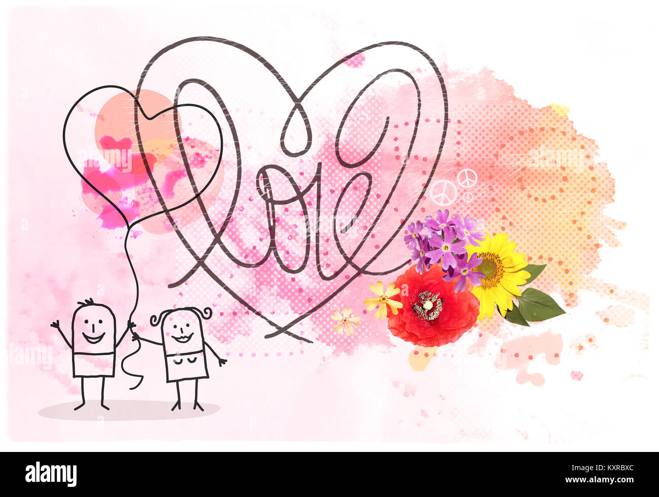 Cartoon giovane miscelato con fiori e cuore grafica Foto Stock