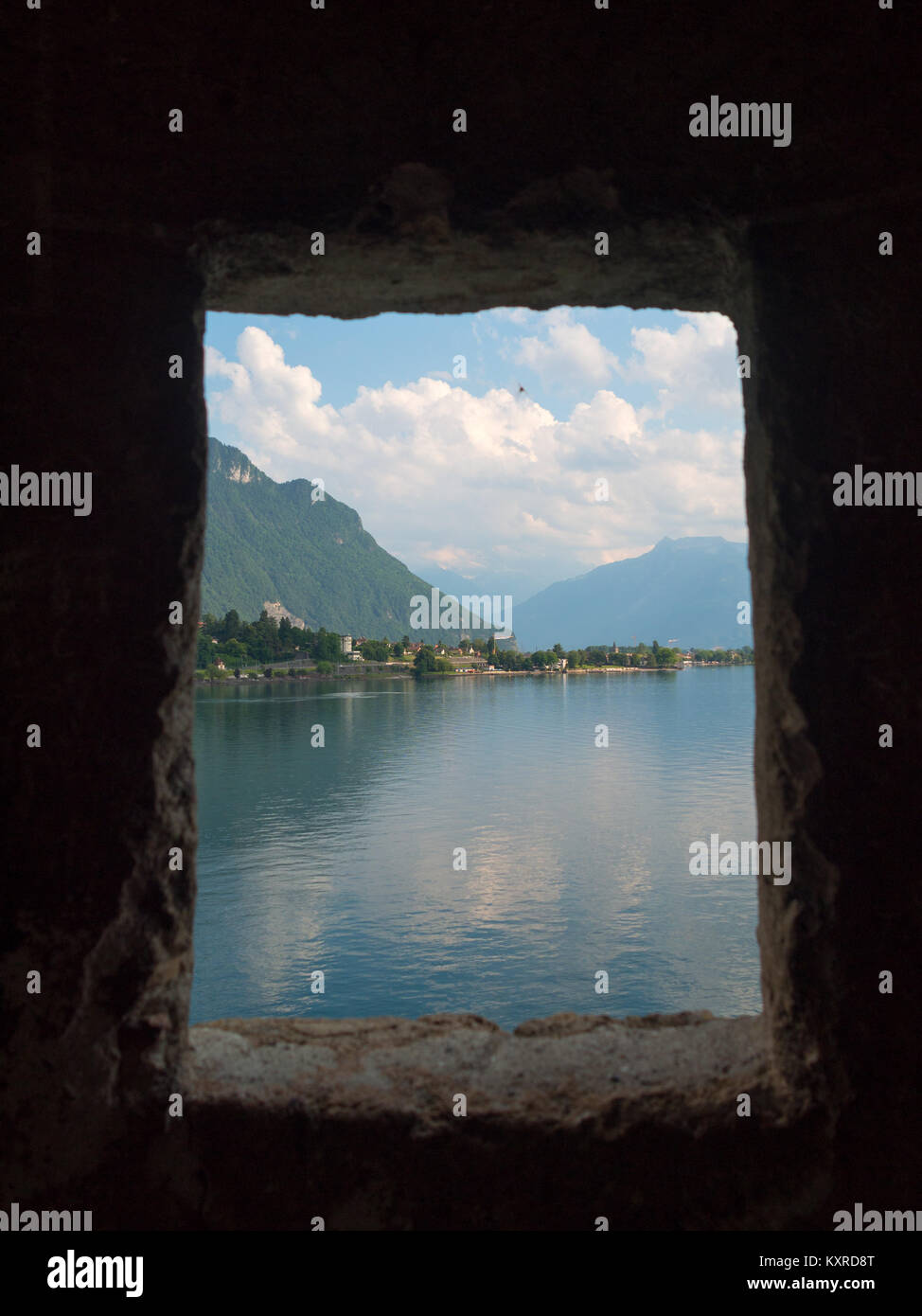 Il Lago di Ginevra visto da Chateau de Chillon Foto Stock