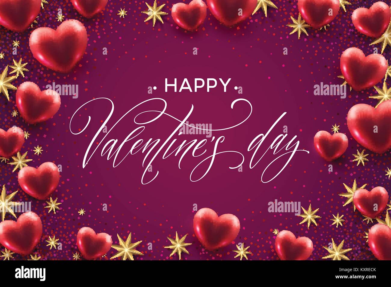 Happy valentines day lettering con cuori rossi sullo sfondo del palloncino. Illustrazione Vettoriale Illustrazione Vettoriale