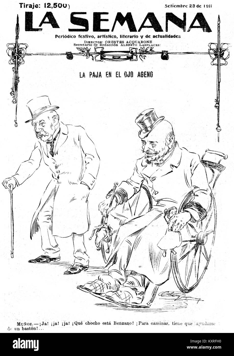 La caricatura di Muñoz-Benzano presenta una rappresentazione satirica dell'individuo, illustrando la tradizione artistica della caricatura come mezzo per l'umorismo e il commento sociale o politico nell'arte visiva. Foto Stock