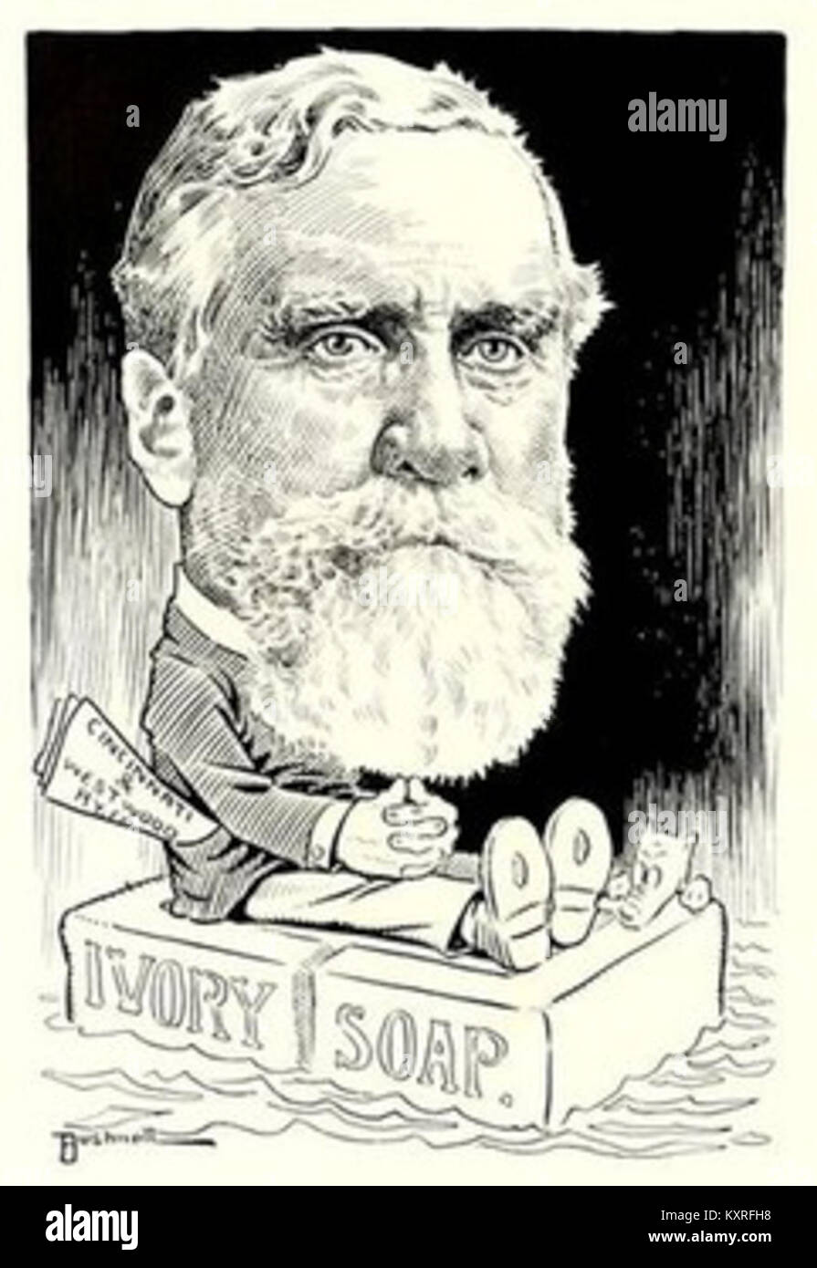 Caricatura di James Gamble, industriale americano, che illustra il suo aspetto e la sua prominenza nell'industria dei primi anni del XX secolo, disegnata da E. A. Bushnell. Foto Stock