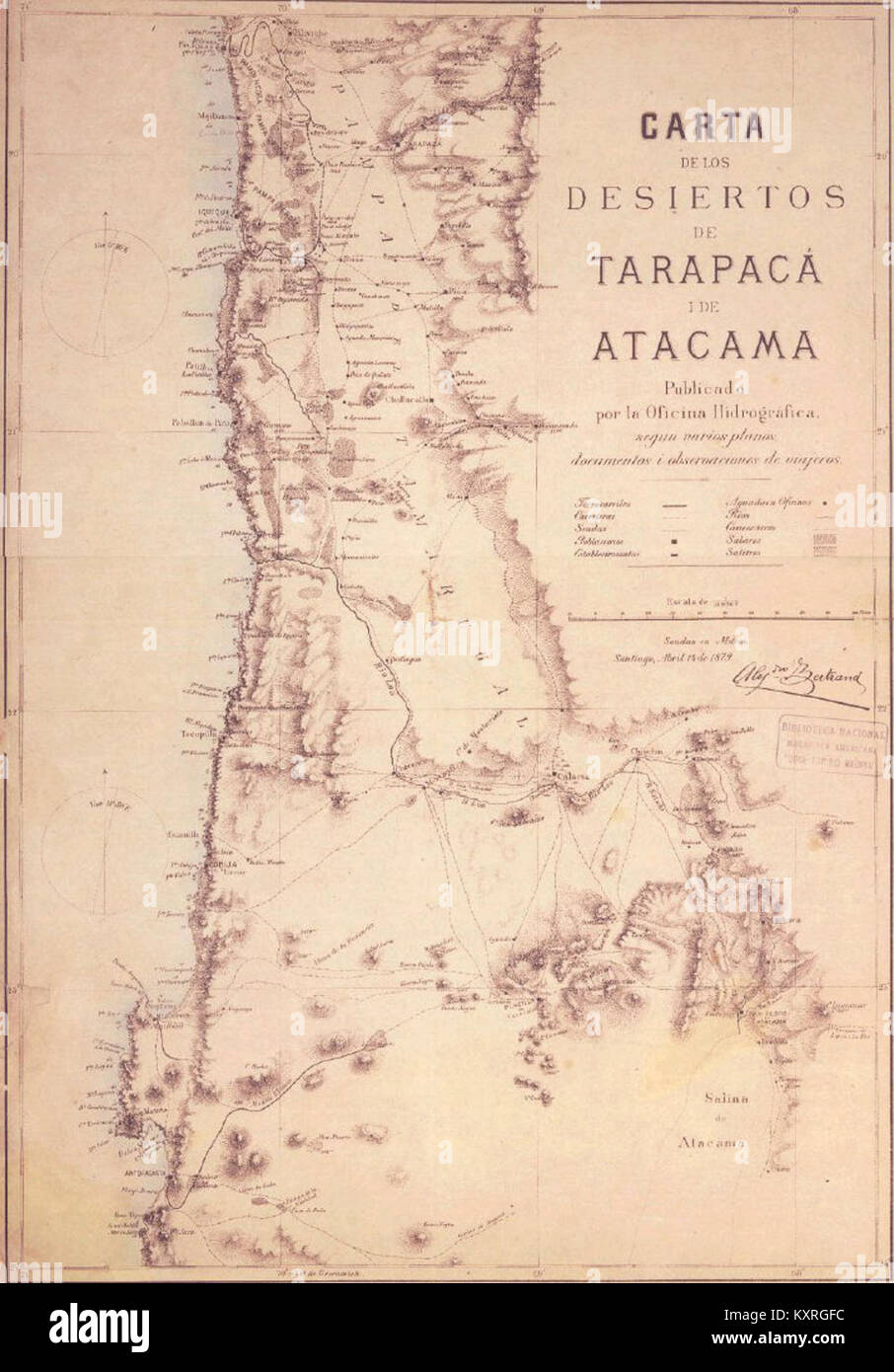 Mappa del 1879 che raffigura i deserti di Tarapacá e Atacama in Sud America, evidenziando la geografia regionale durante il periodo della guerra del Pacifico. Foto Stock